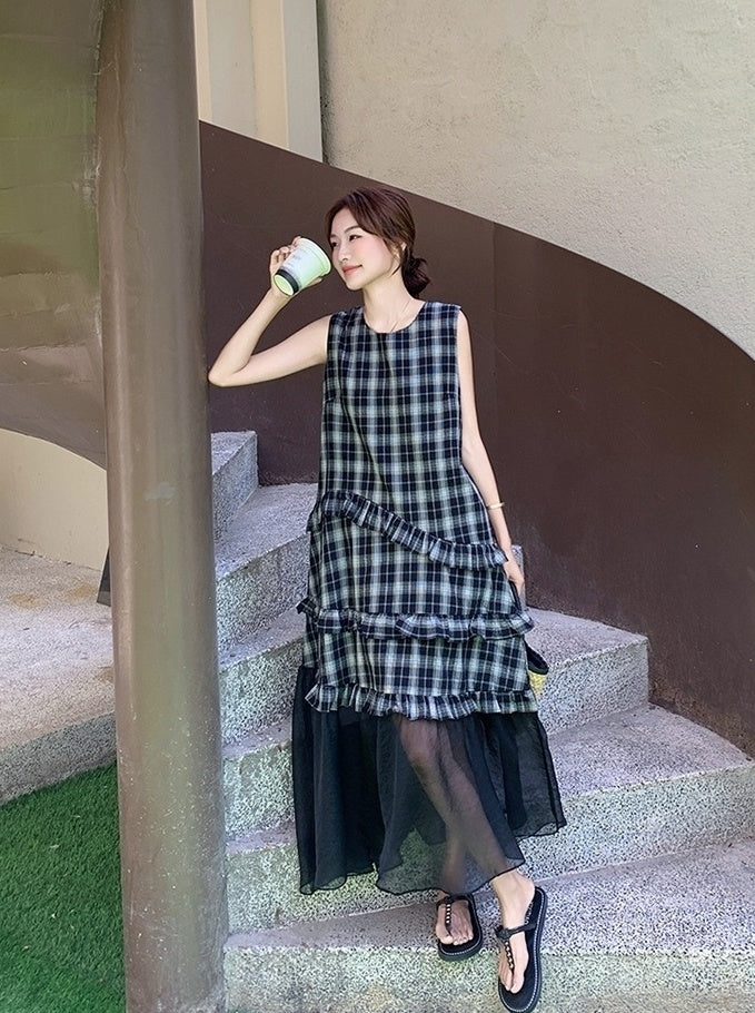 Plaid French Style Mesh Ruffle Trim Dress