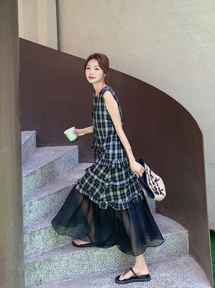 Plaid French Style Mesh Ruffle Trim Dress