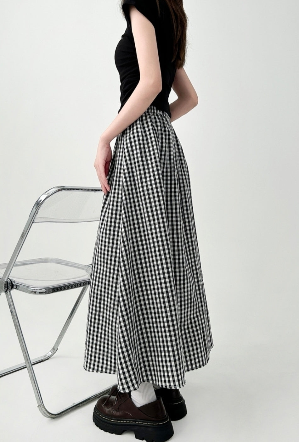 Plaid High Waist A Line Midi Skirt