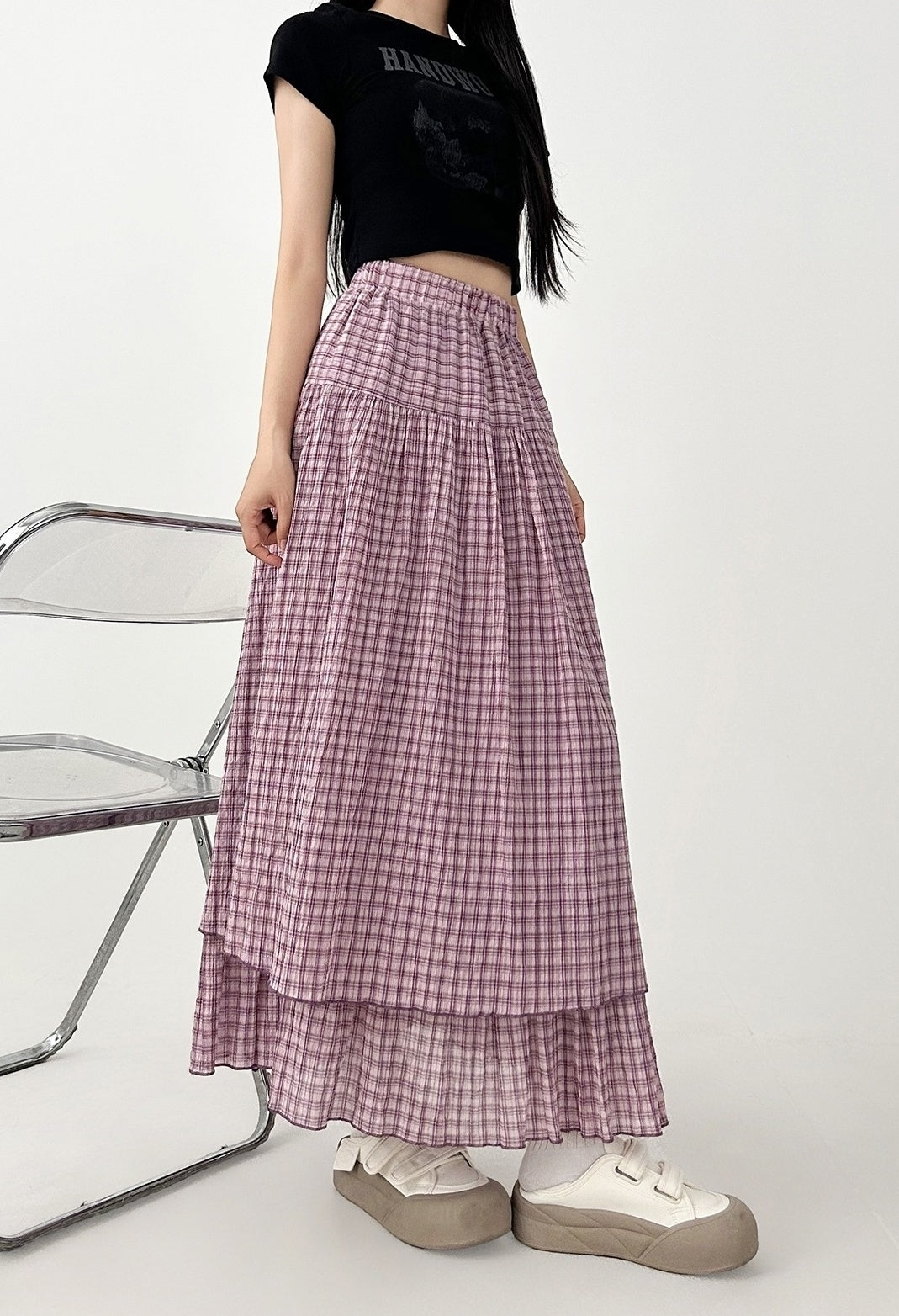 Plaid High Waist Layered A Line Maxi Skirt