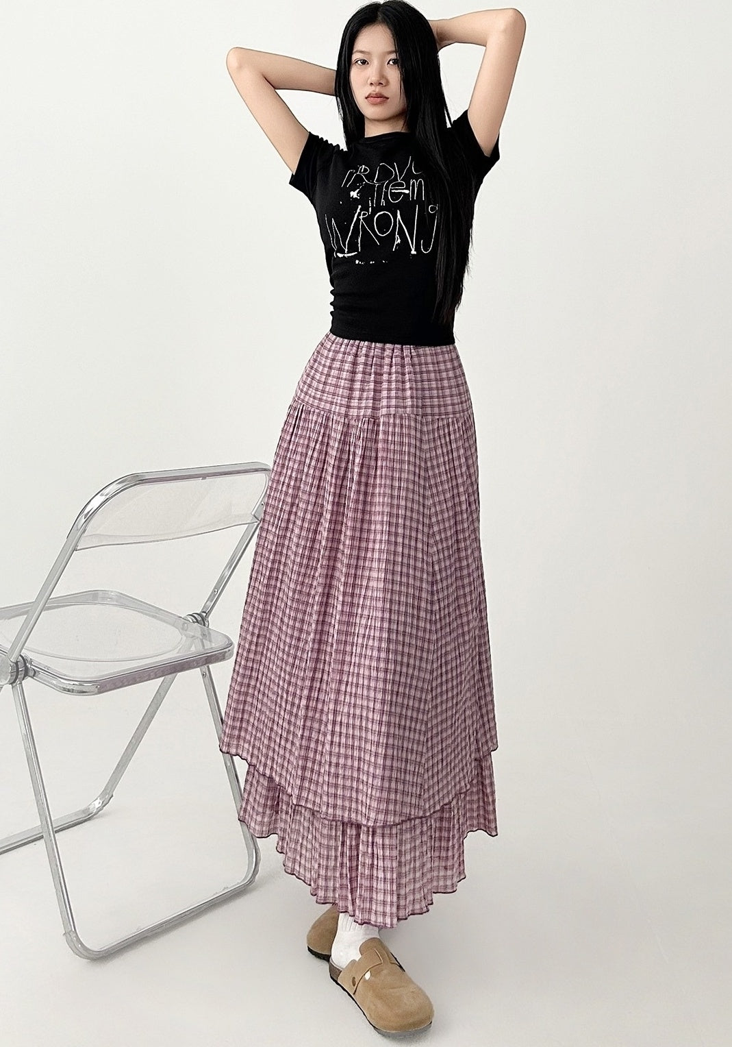 Plaid High Waist Layered A Line Maxi Skirt