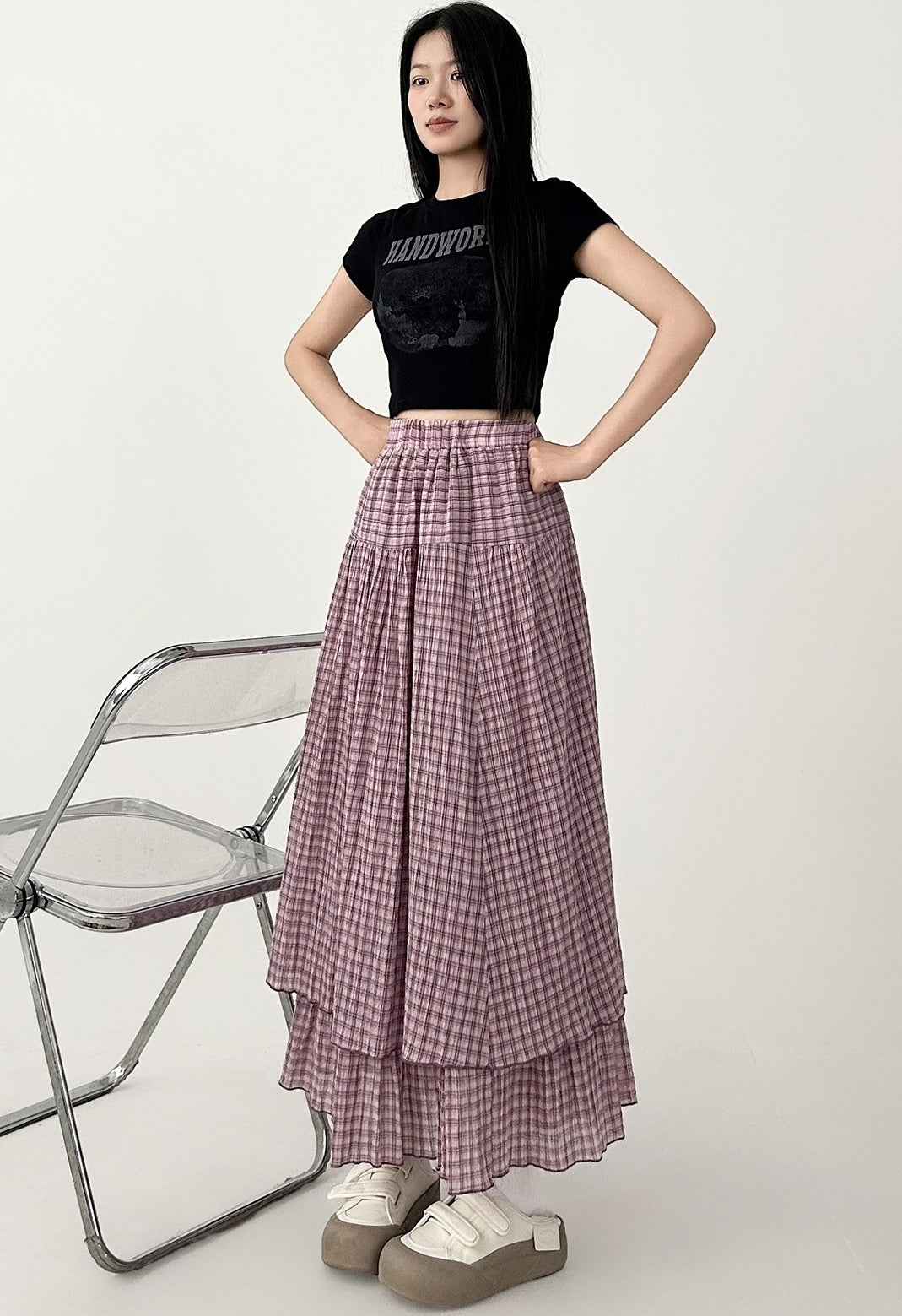 Plaid High Waist Layered A Line Maxi Skirt