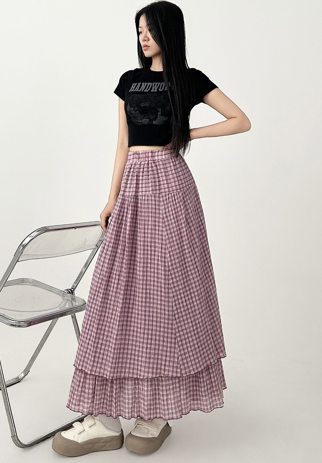Plaid High Waist Layered A Line Maxi Skirt