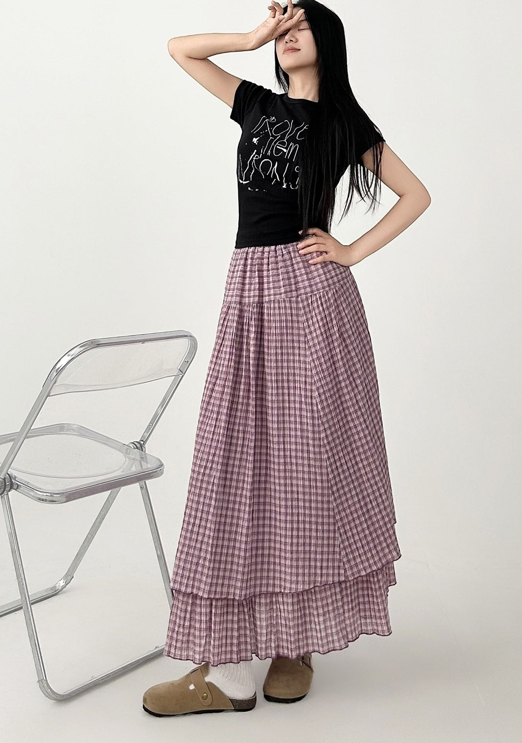Plaid High Waist Layered A Line Maxi Skirt
