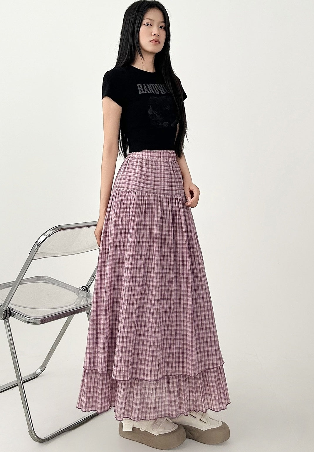 Plaid High Waist Layered A Line Maxi Skirt