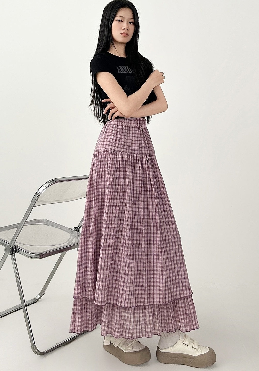 Plaid High Waist Layered A Line Maxi Skirt