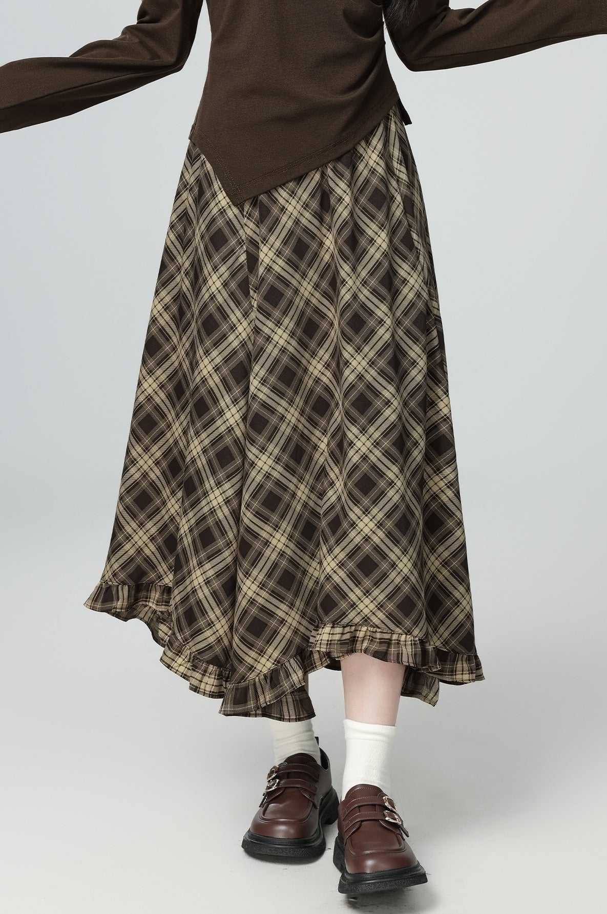 Plaid High Waist Ruffle Midi Skirt