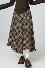 Plaid High Waist Ruffle Midi Skirt
