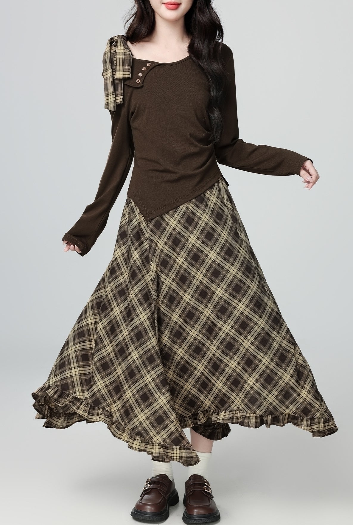 Plaid High Waist Ruffle Midi Skirt