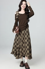 Plaid High Waist Ruffle Midi Skirt