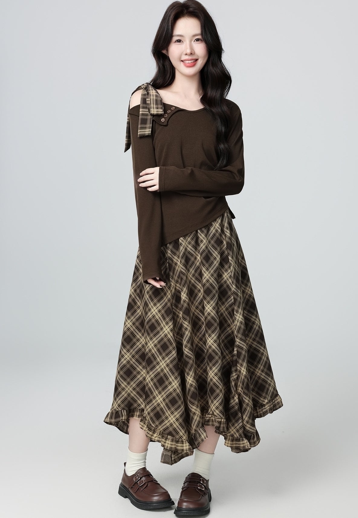 Plaid High Waist Ruffle Midi Skirt