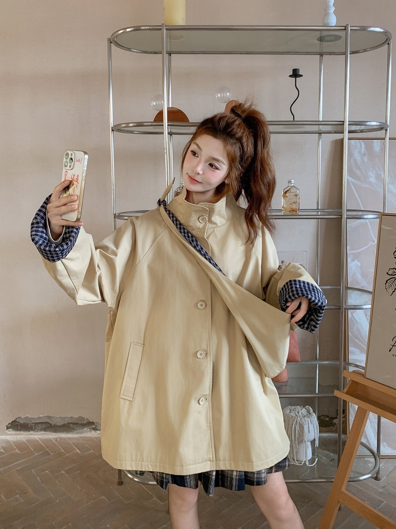Plaid Hooded Khaki Trench Coat Stylish Spring Autumn