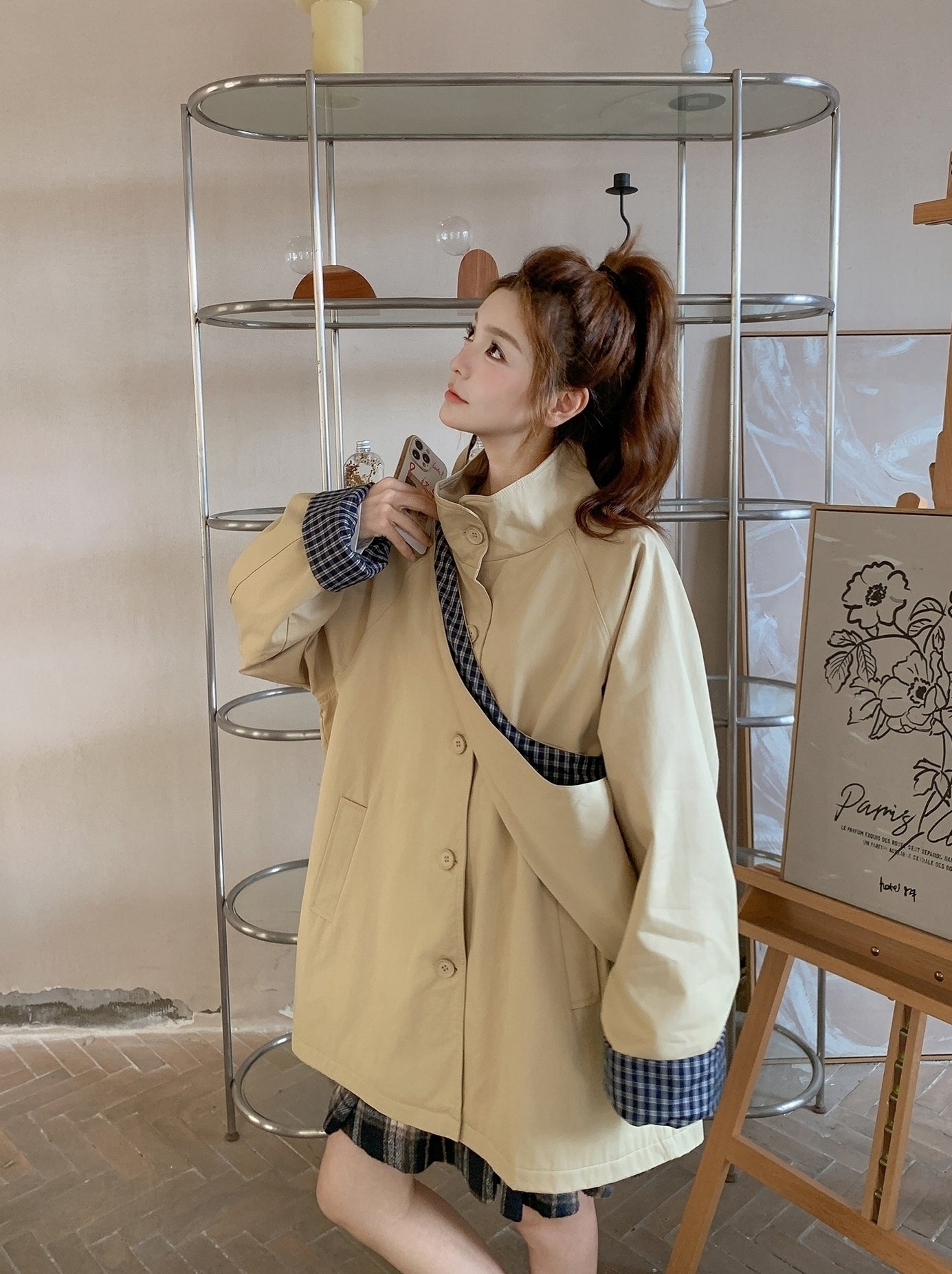 Plaid Hooded Khaki Trench Coat Stylish Spring Autumn