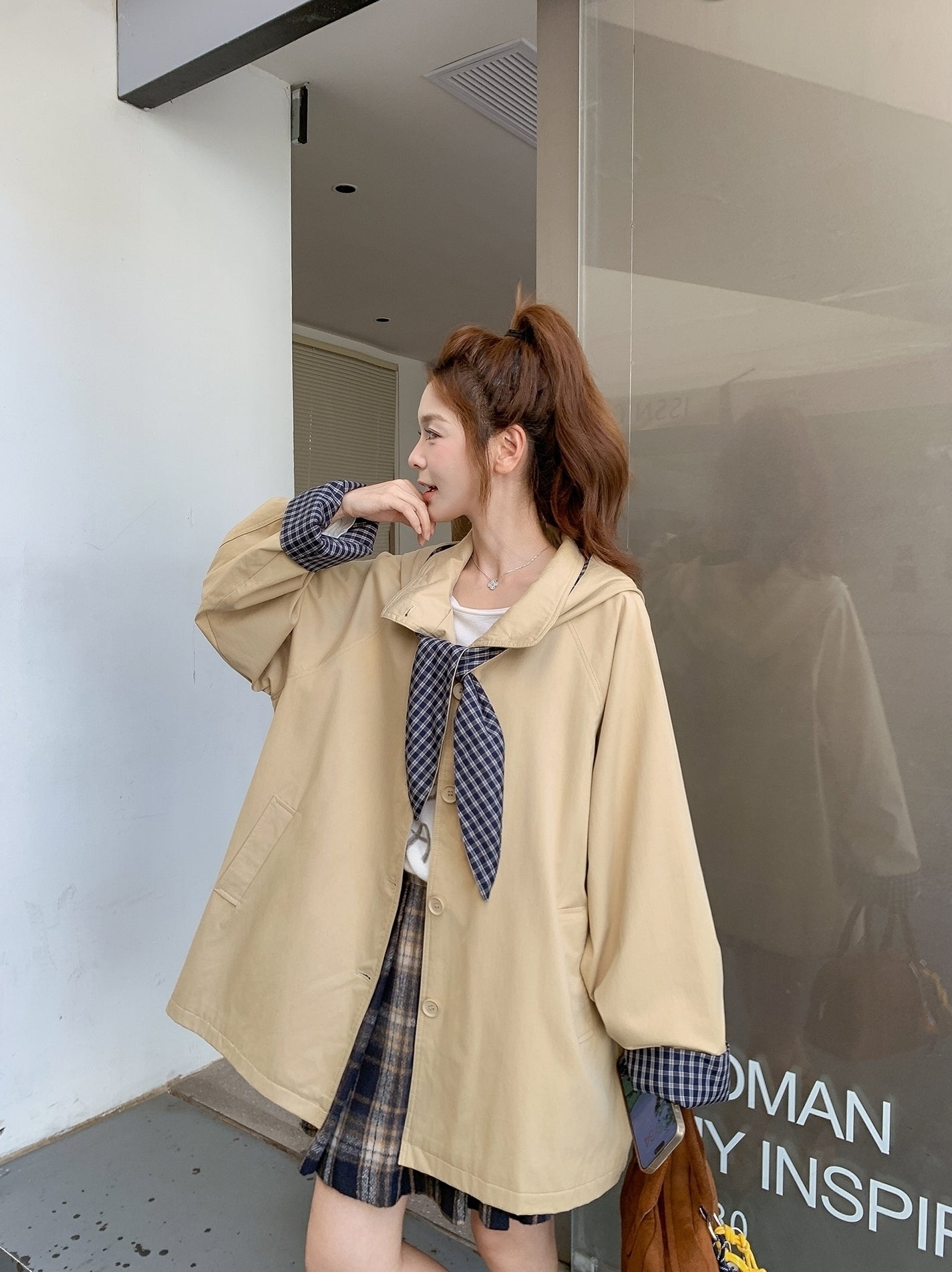 Plaid Hooded Khaki Trench Coat Stylish Spring Autumn