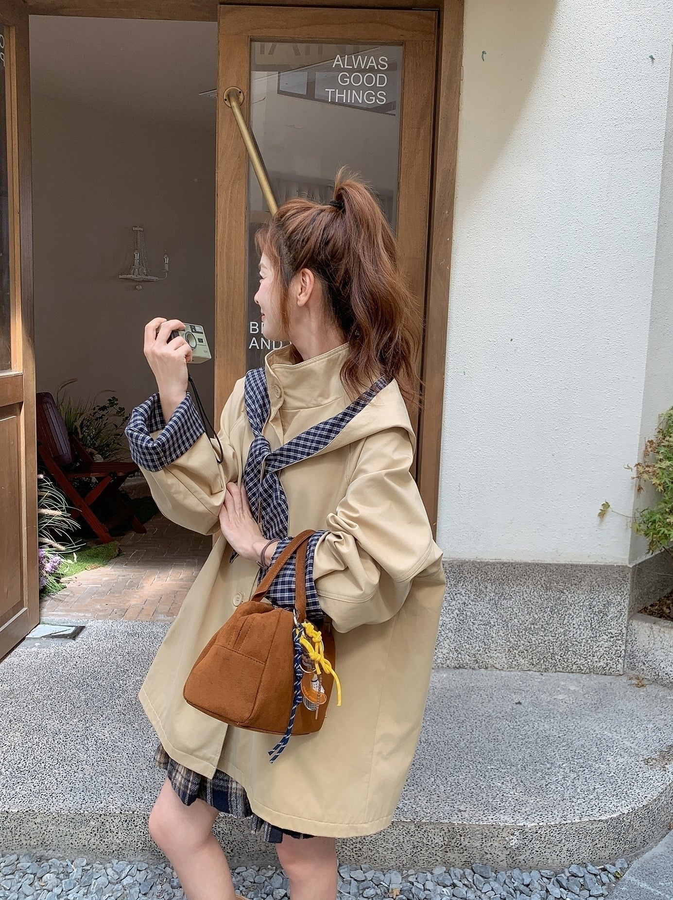 Plaid Hooded Khaki Trench Coat Stylish Spring Autumn