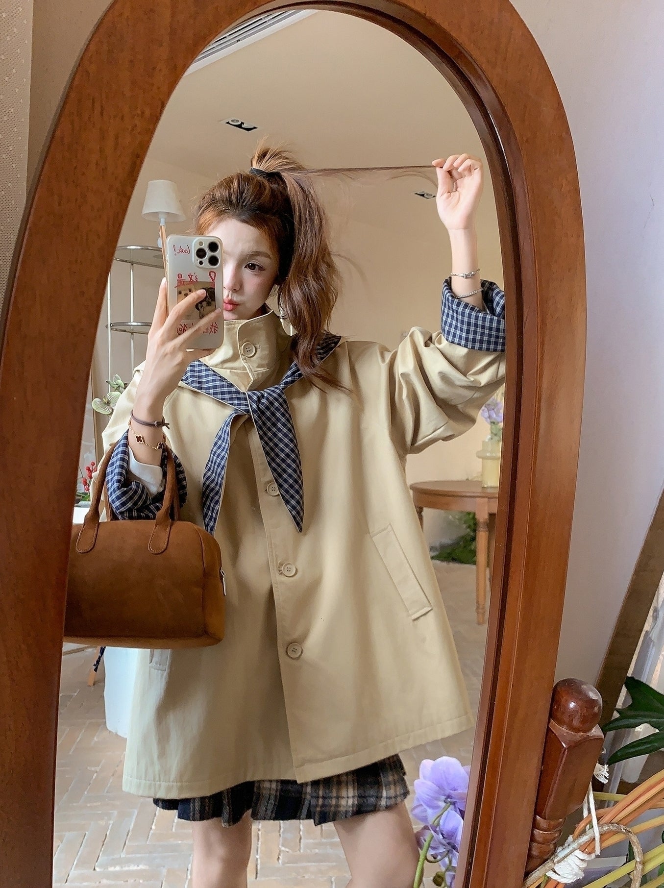 Plaid Hooded Khaki Trench Coat Stylish Spring Autumn