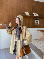 Plaid Hooded Khaki Trench Coat Stylish Spring Autumn