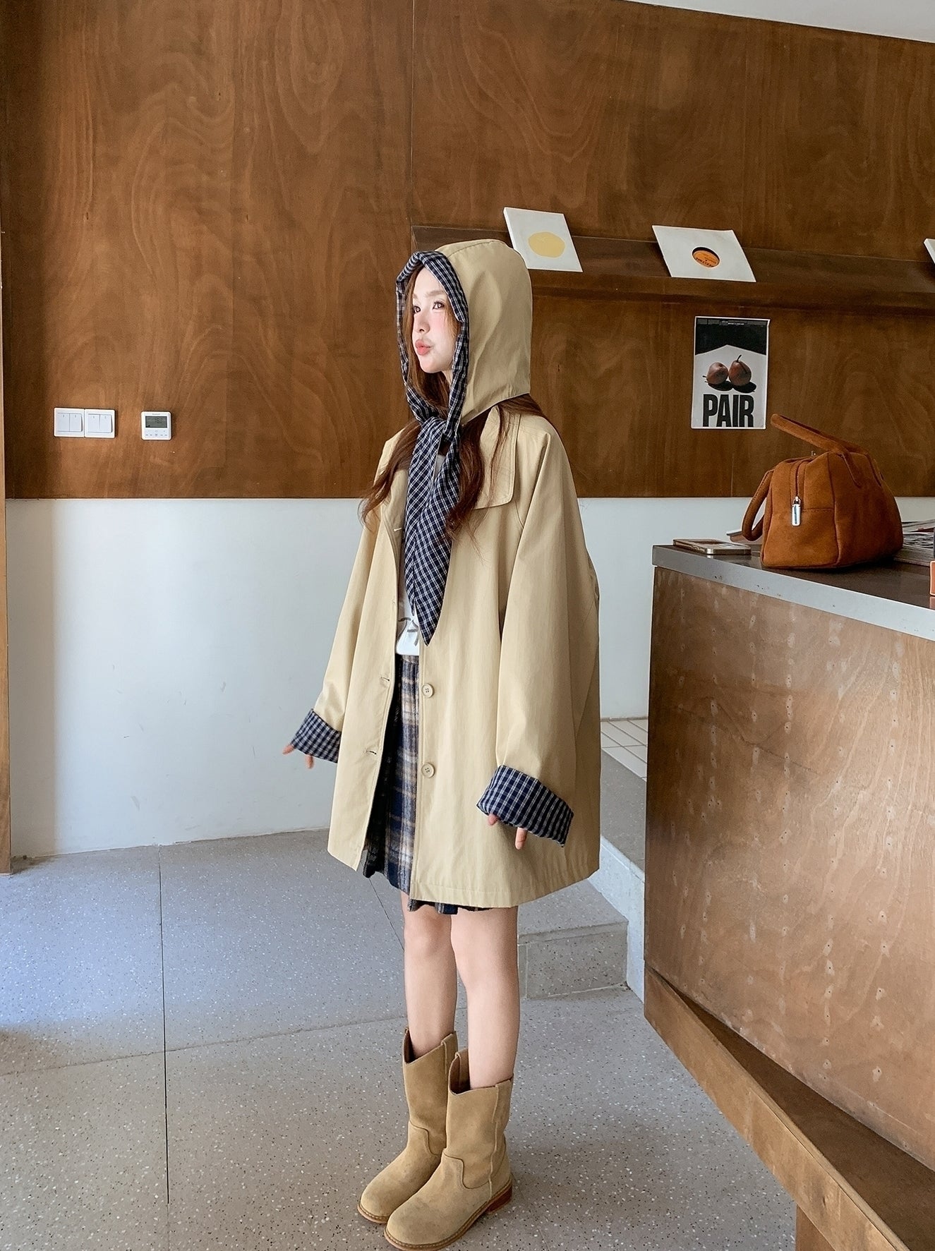 Plaid Hooded Khaki Trench Coat Stylish Spring Autumn
