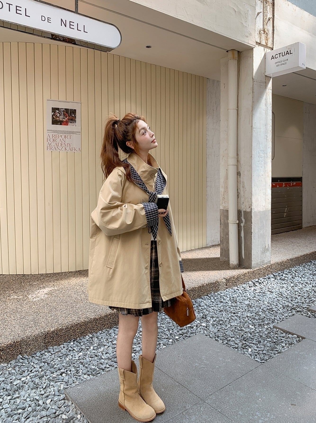 Plaid Hooded Khaki Trench Coat Stylish Spring Autumn
