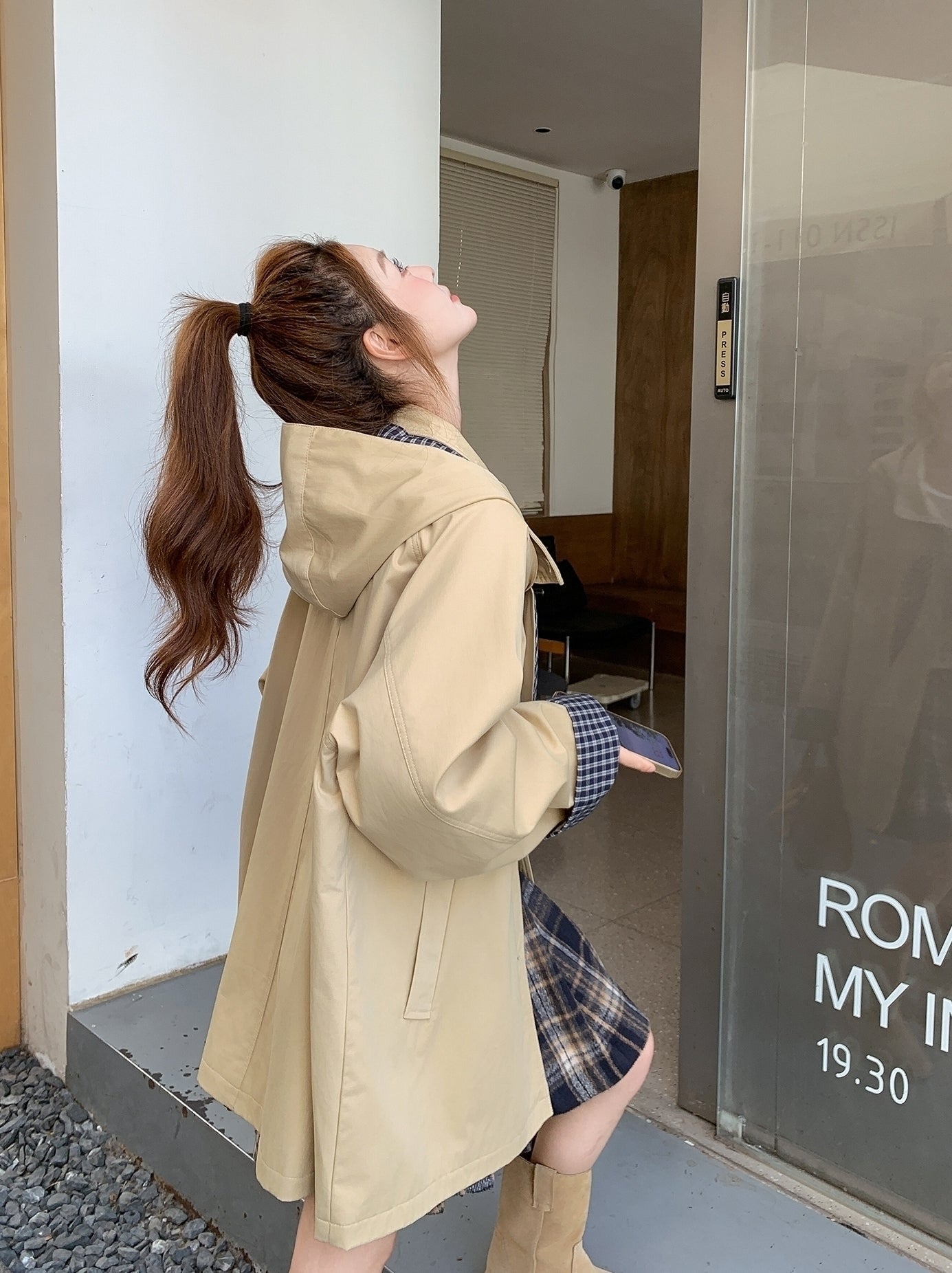 Plaid Hooded Khaki Trench Coat Stylish Spring Autumn