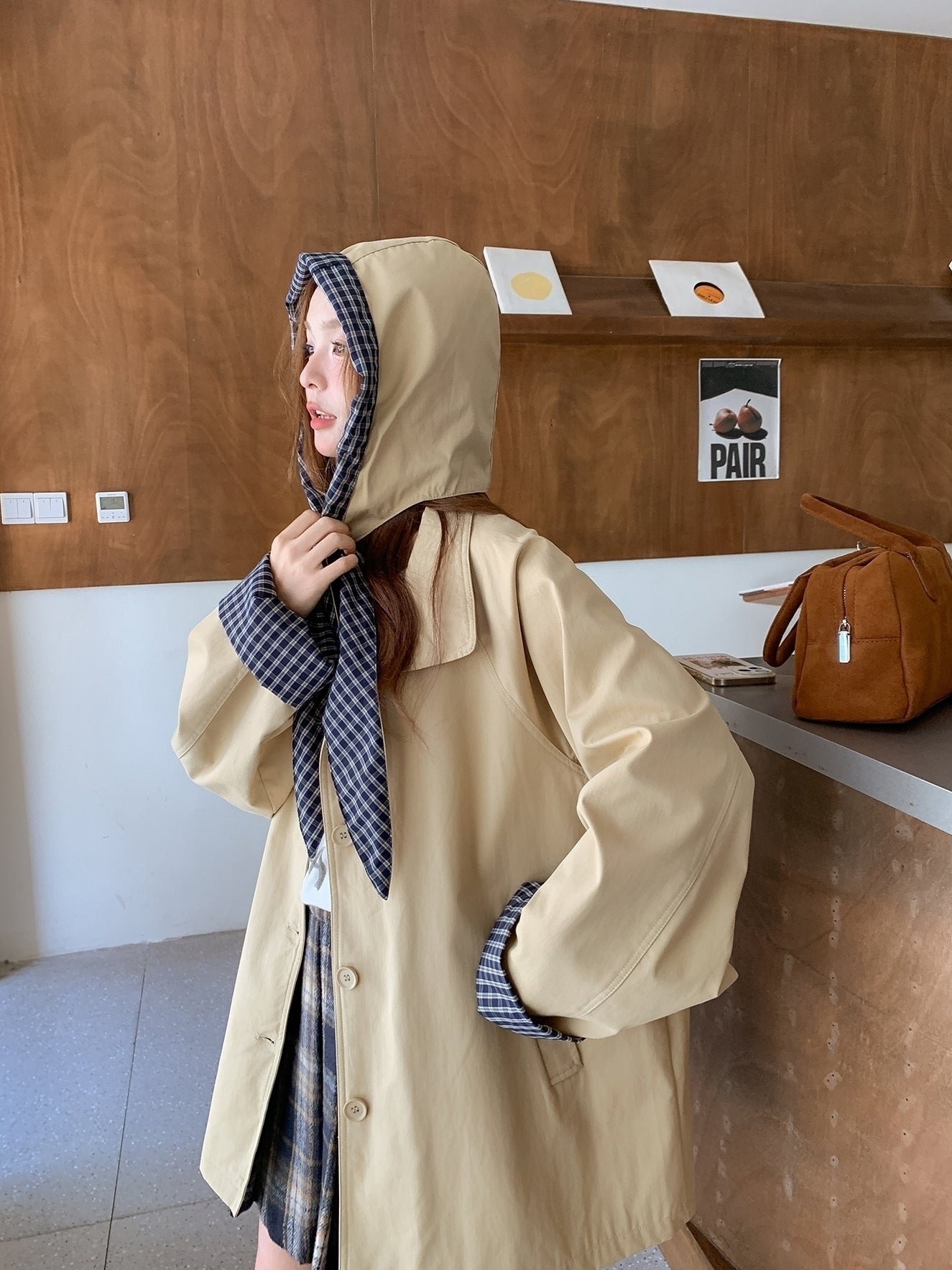 Plaid Hooded Khaki Trench Coat Stylish Spring Autumn
