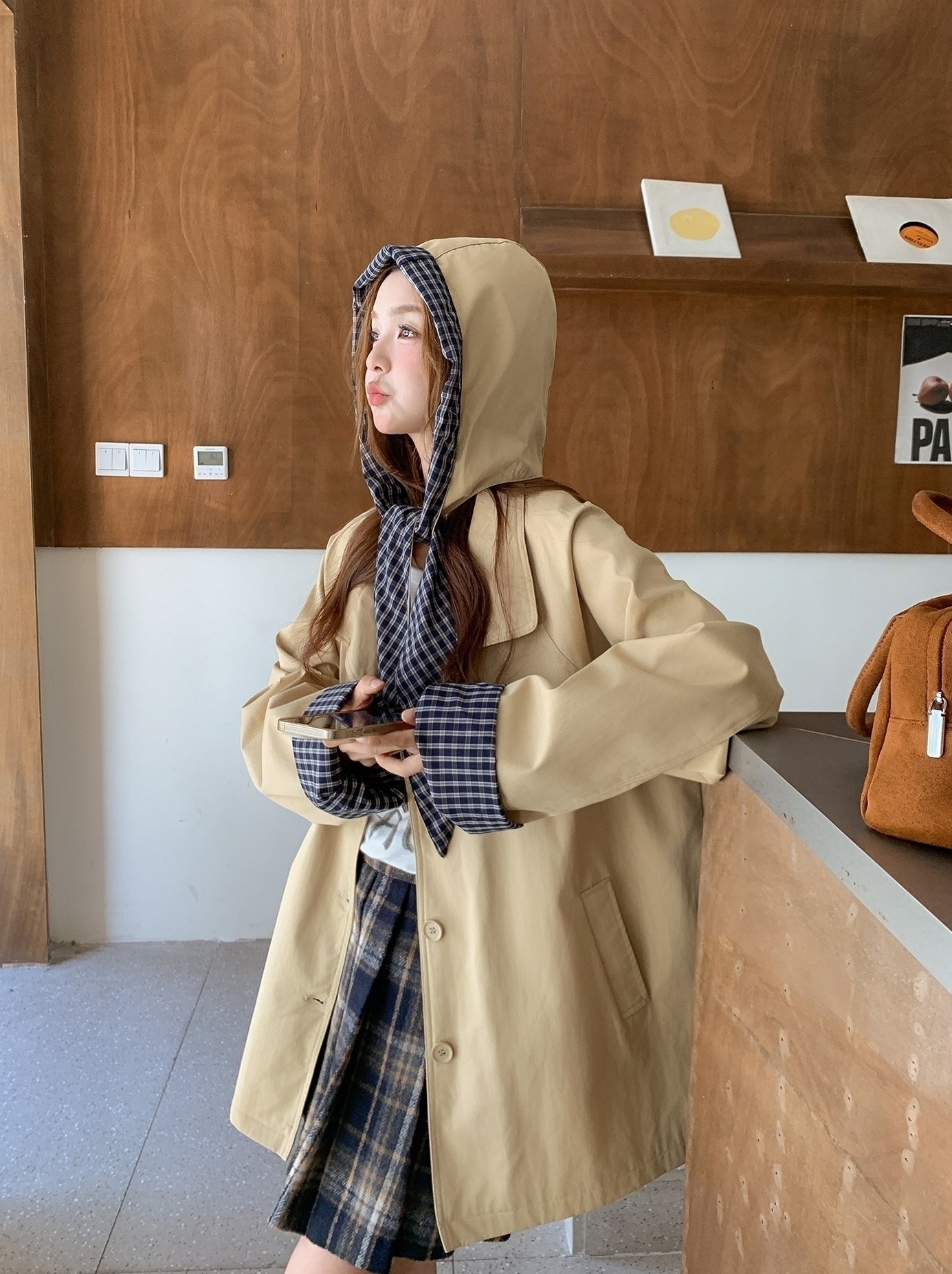 Plaid Hooded Khaki Trench Coat Stylish Spring Autumn