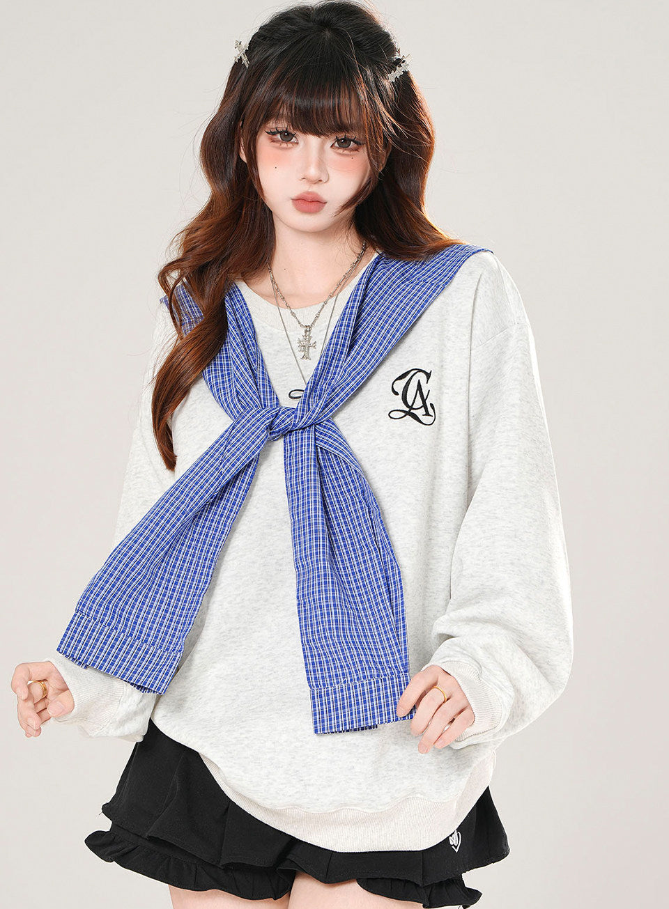 Plaid Hooded Sweatshirt Loose Slimming Gray Top
