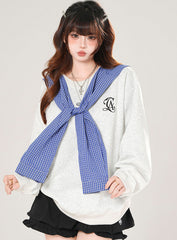 Plaid Hooded Sweatshirt Loose Slimming Gray Top