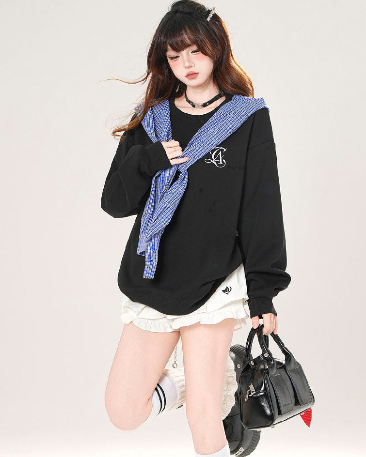 Plaid Hooded Sweatshirt Loose Slimming Gray Top