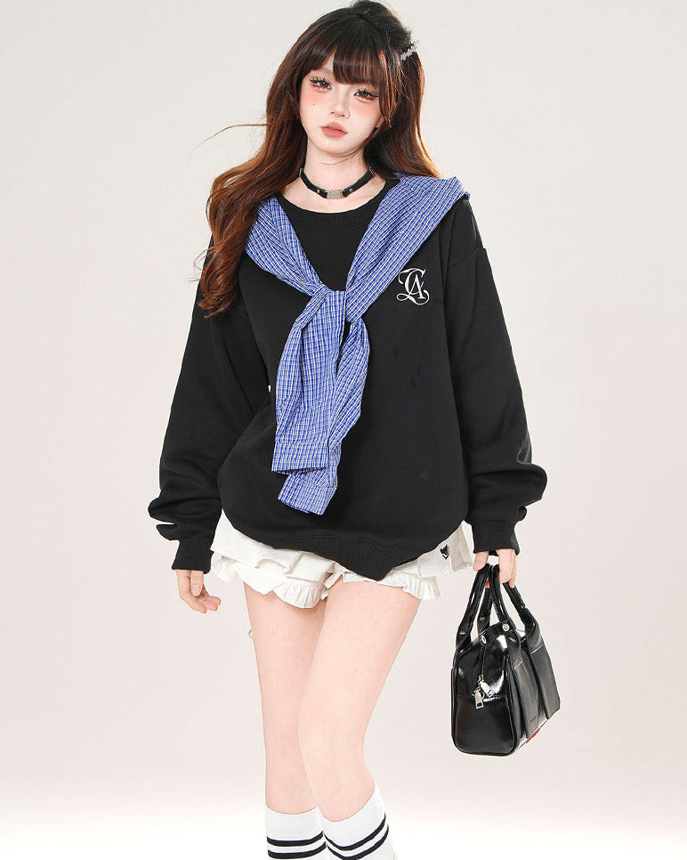 Plaid Hooded Sweatshirt Loose Slimming Gray Top