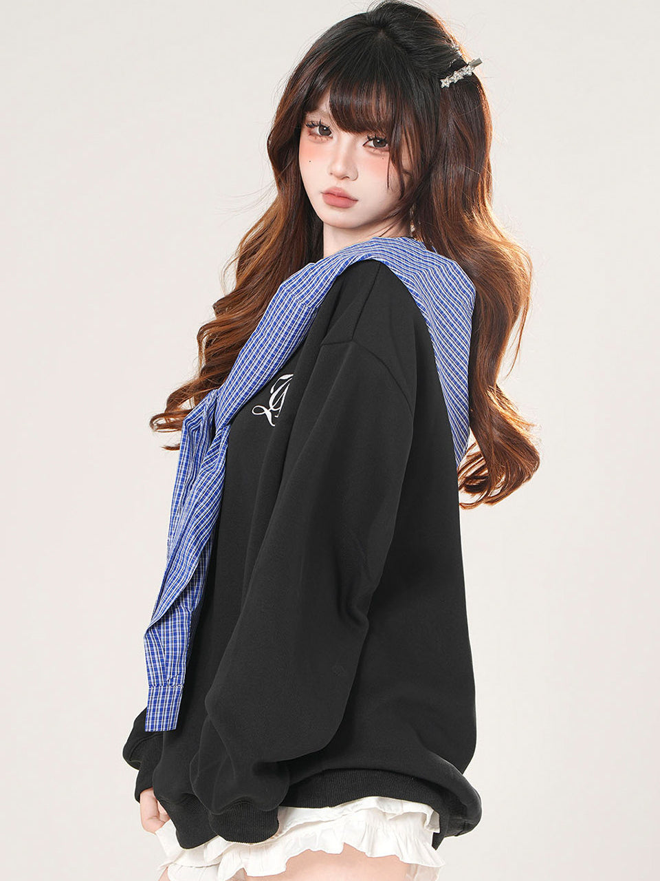 Plaid Hooded Sweatshirt Loose Slimming Gray Top