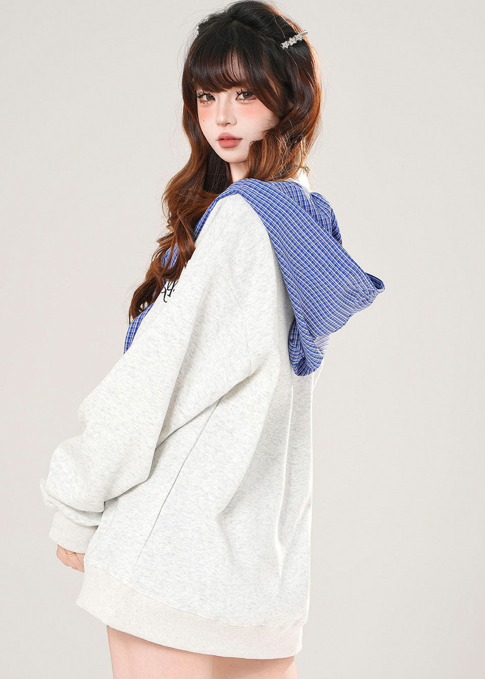 Plaid Hooded Sweatshirt Loose Slimming Gray Top