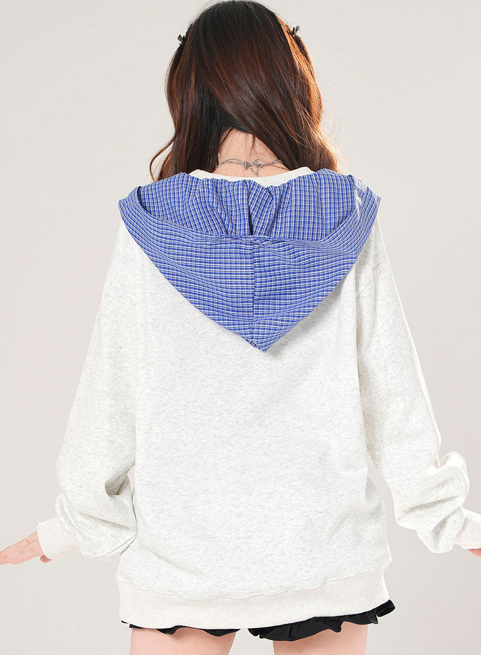 Plaid Hooded Sweatshirt Loose Slimming Gray Top