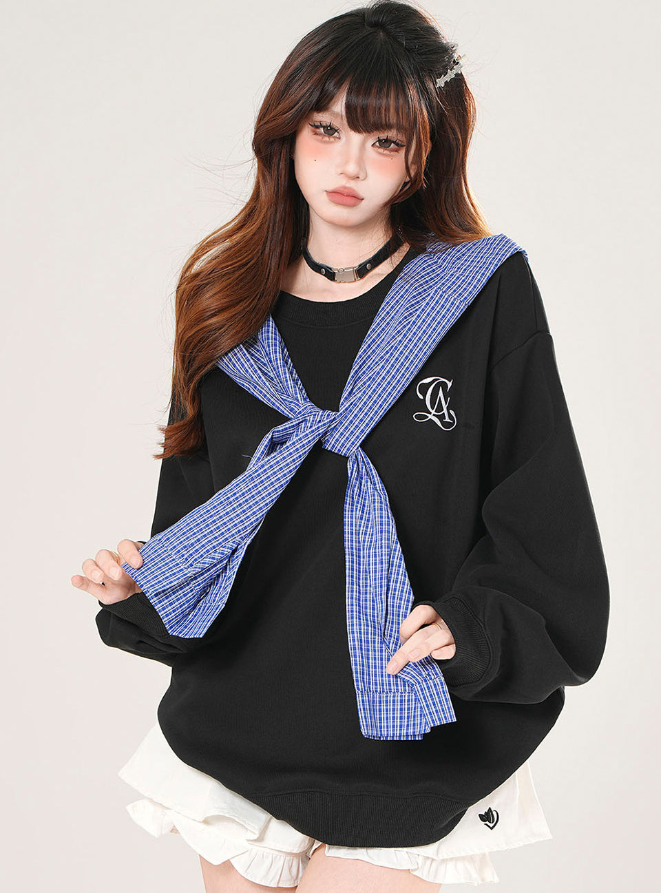 Plaid Hooded Sweatshirt Loose Slimming Gray Top