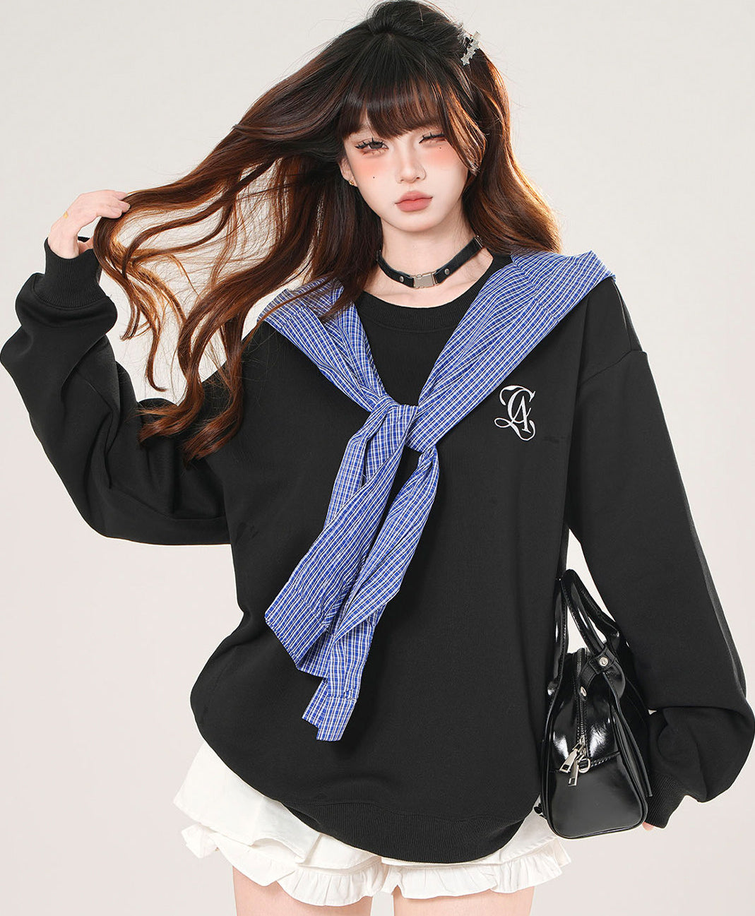 Plaid Hooded Sweatshirt Loose Slimming Gray Top