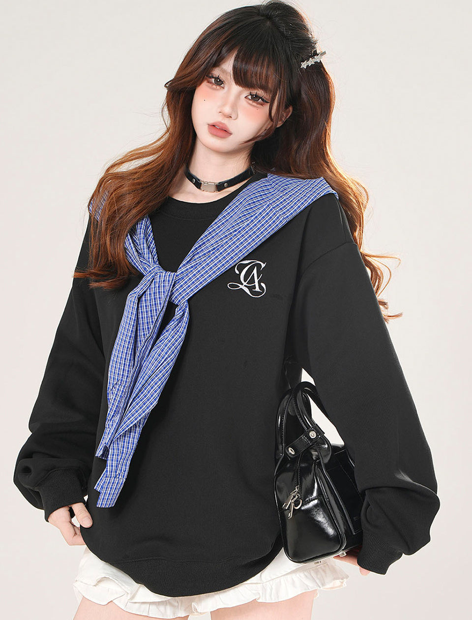 Plaid Hooded Sweatshirt Loose Slimming Gray Top