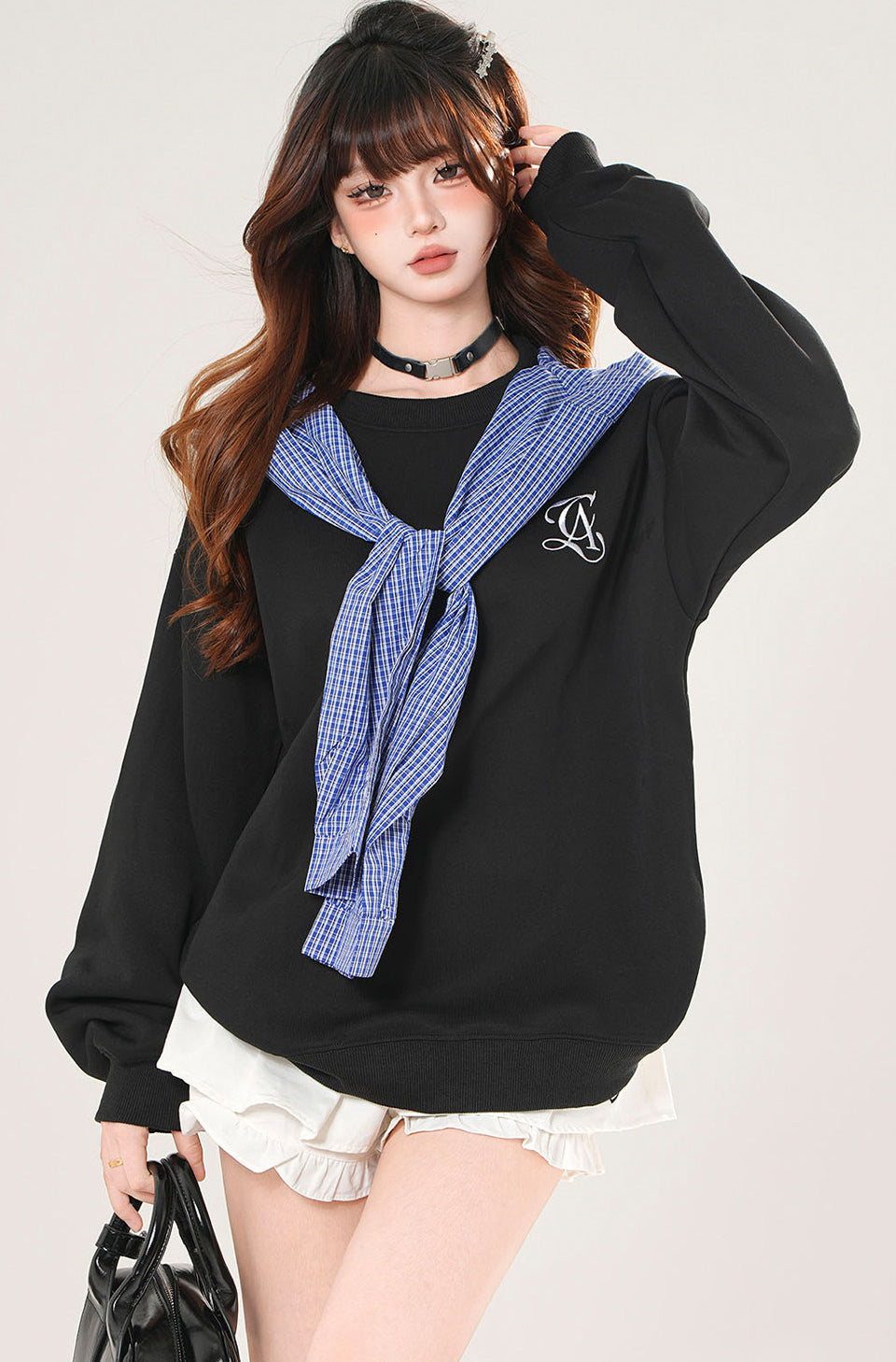 Plaid Hooded Sweatshirt Loose Slimming Gray Top