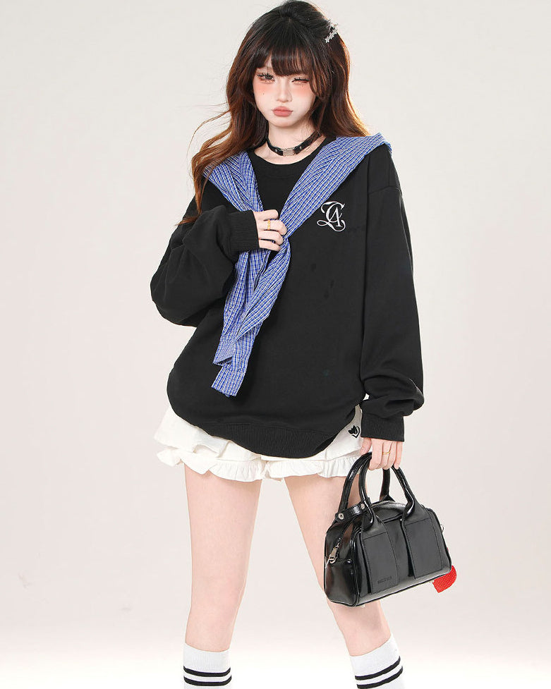 Plaid Hooded Sweatshirt Loose Slimming Gray Top