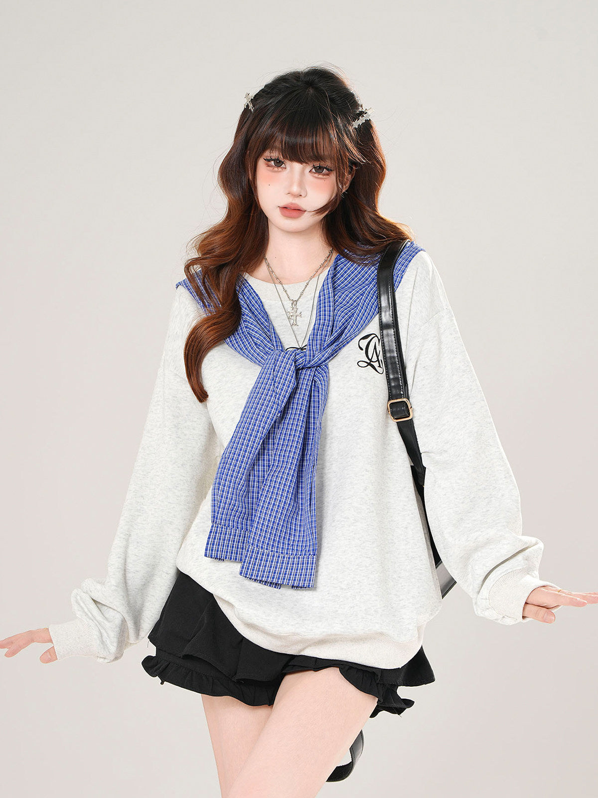 Plaid Hooded Sweatshirt Loose Slimming Gray Top