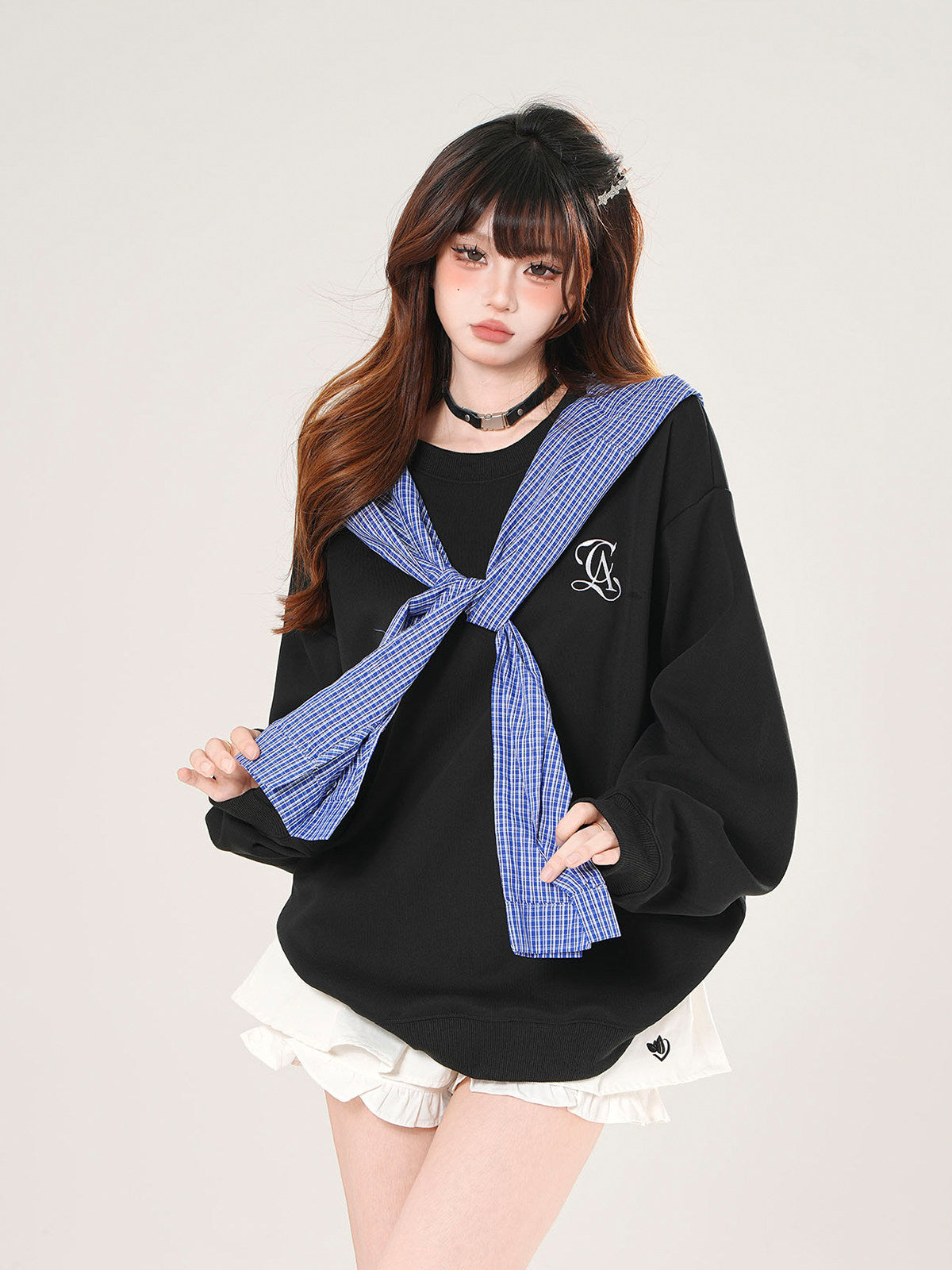 Plaid Hooded Sweatshirt Loose Slimming Gray Top