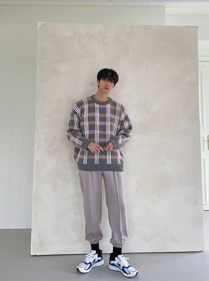 Plaid Knit Pullover Sweater Casual Outerwear