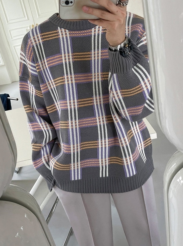 Plaid Knit Pullover Sweater Casual Outerwear
