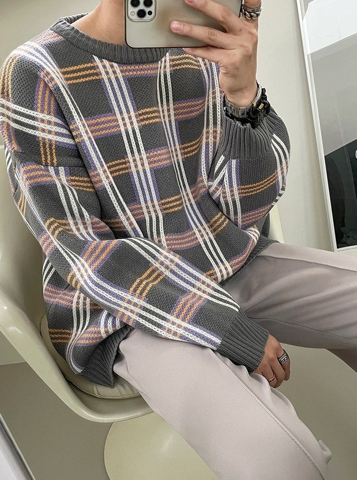 Plaid Knit Pullover Sweater Casual Outerwear