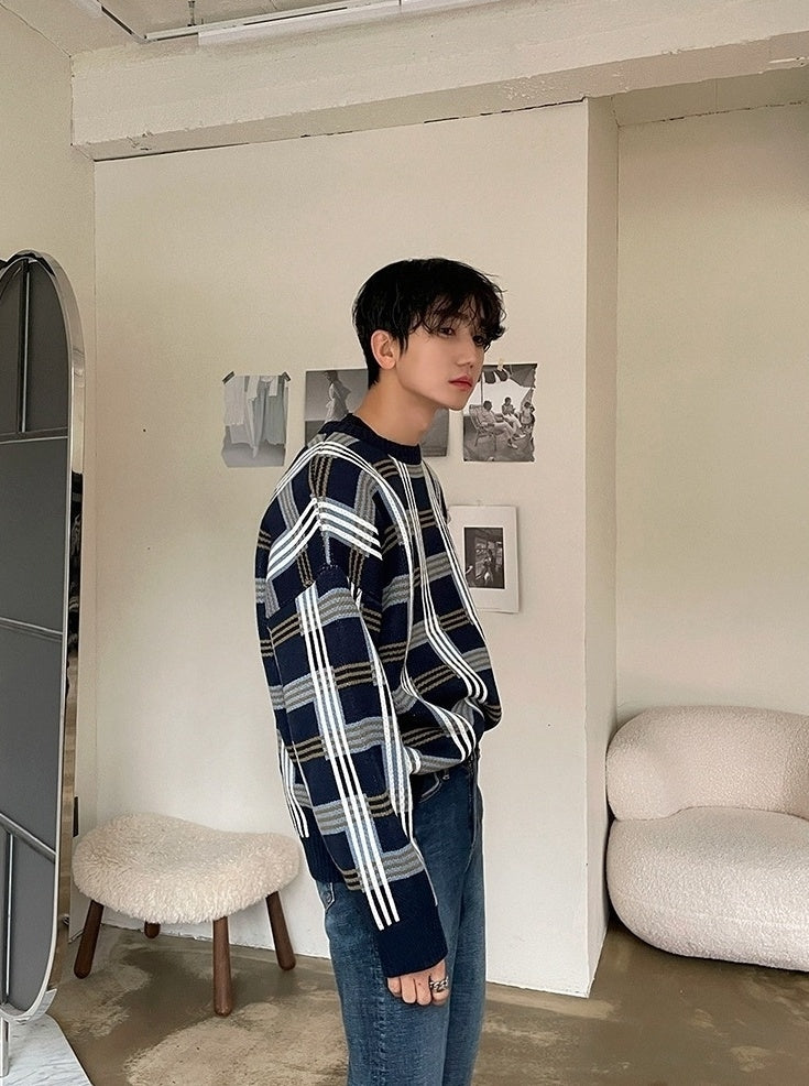 Plaid Knit Pullover Sweater Casual Outerwear