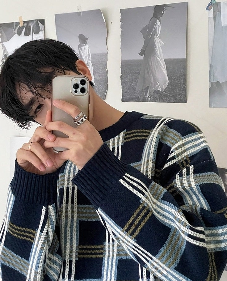 Plaid Knit Pullover Sweater Casual Outerwear