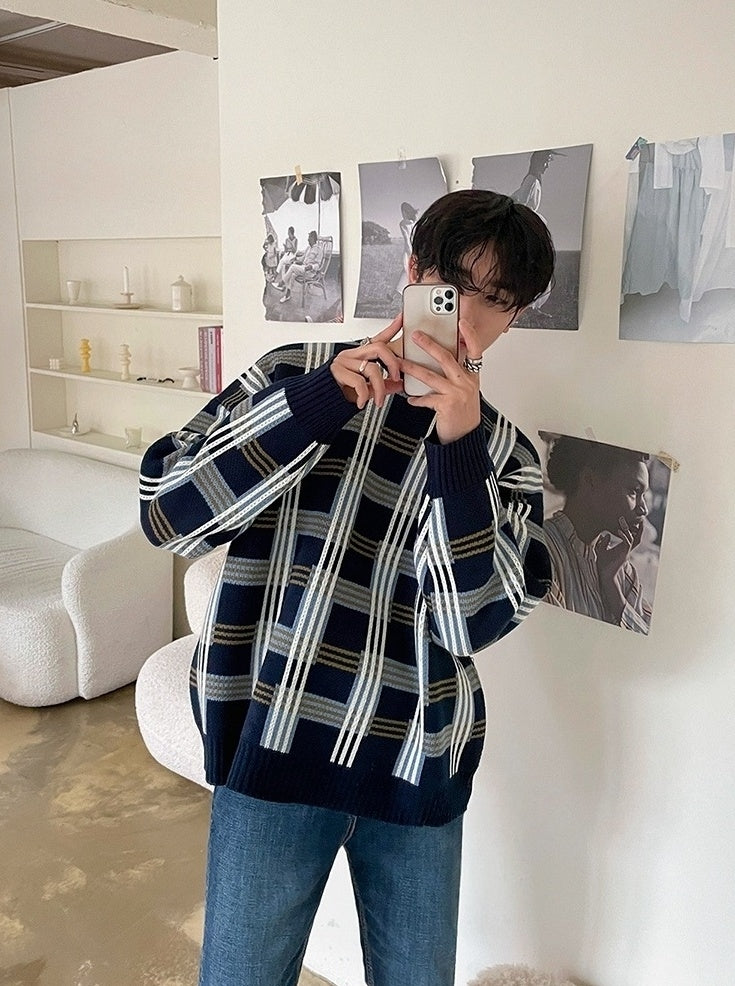 Plaid Knit Pullover Sweater Casual Outerwear