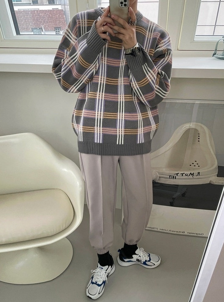 Plaid Knit Pullover Sweater Casual Outerwear