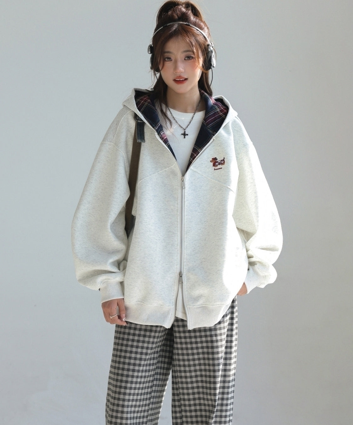 Plaid Patchwork Dachshund Embroidery Zip Up Sweatshirt