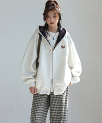 Plaid Patchwork Dachshund Embroidery Zip Up Sweatshirt