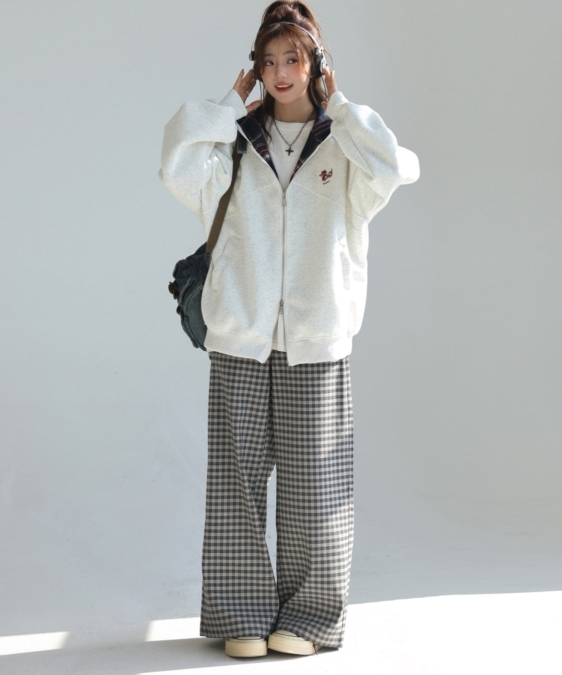 Plaid Patchwork Dachshund Embroidery Zip Up Sweatshirt